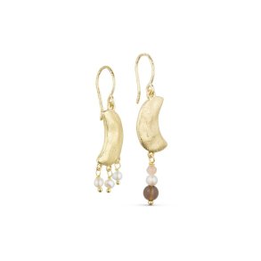 PURE BY NAT NOELLE UNEVEN MOON EARRINGS W. GEMSTONES AND PEARLS G/B SMOKY PEACH TONES - 45962