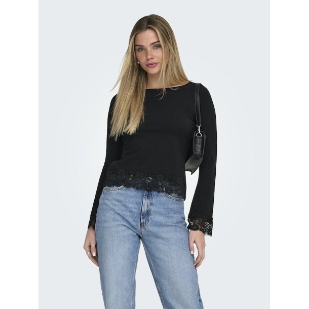 ONLY LIVE LOVE BLACK L/S O-NECK LACE TOP - 15385106